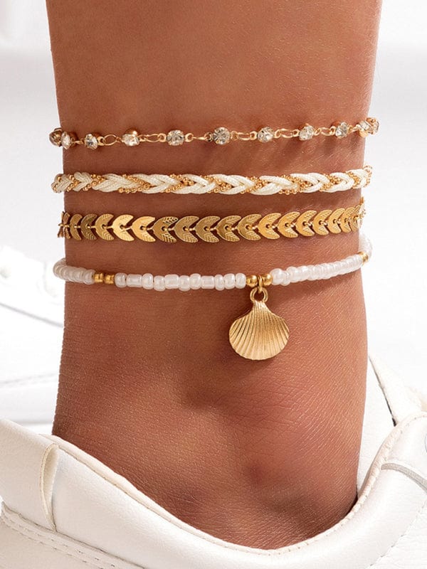 Beaded Shell Anklet Set of 4 Gold / One Size