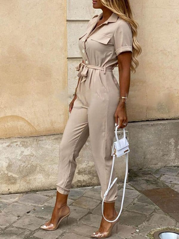 Button-Up Belted Jumpsuit with Pockets