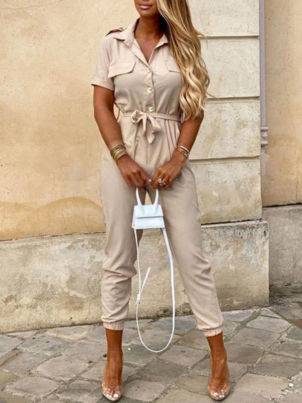 Button-Up Belted Jumpsuit with Pockets