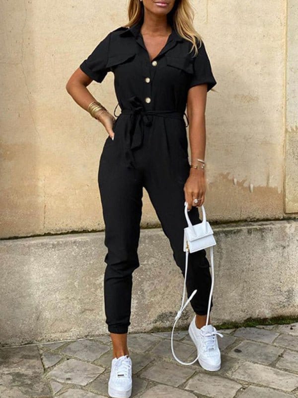 Button-Up Belted Jumpsuit with Pockets