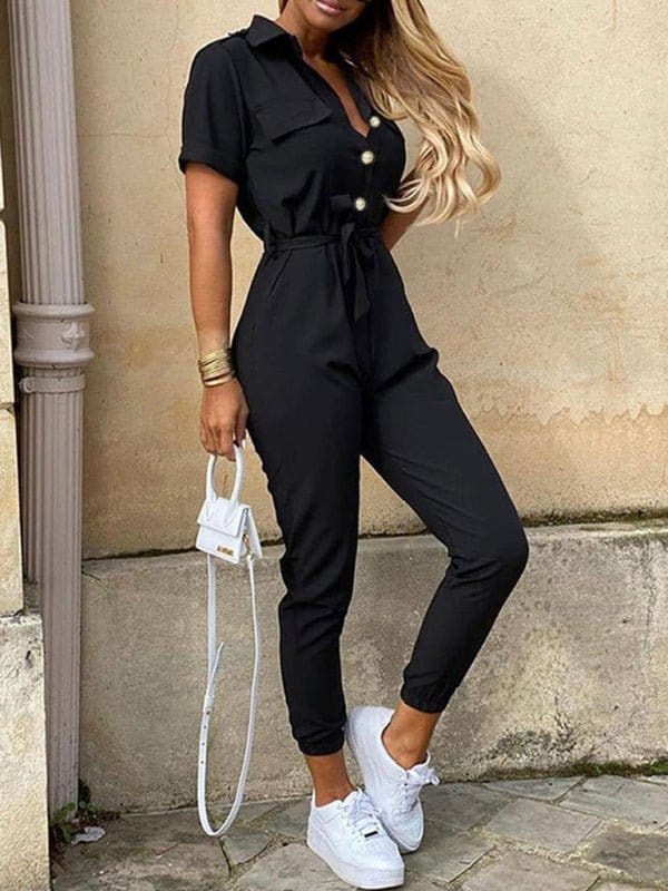 Button-Up Belted Jumpsuit with Pockets Black / S