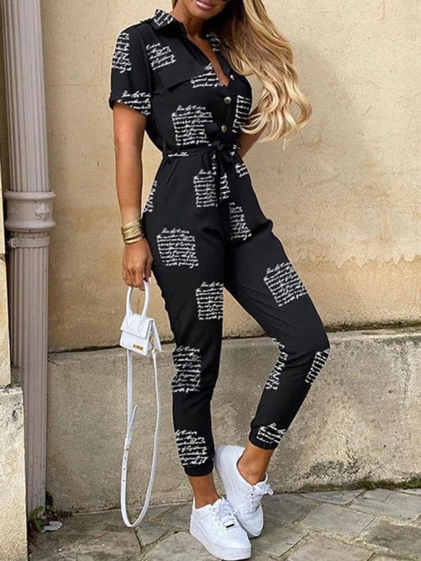 Button-Up Belted Jumpsuit with Pockets Black with White Script / S