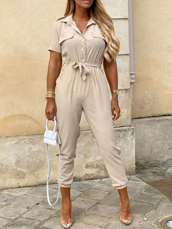 Button-Up Belted Jumpsuit with Pockets Khaki / S