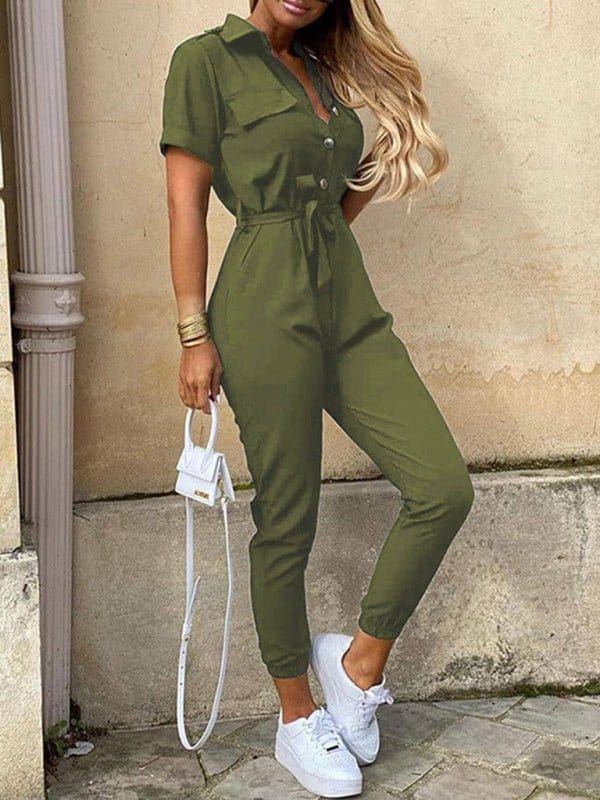 Button-Up Belted Jumpsuit with Pockets Olive green / S