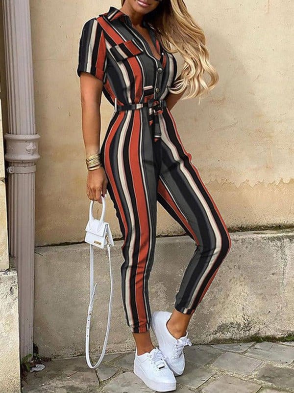 Button-Up Belted Jumpsuit with Pockets Stripes / S