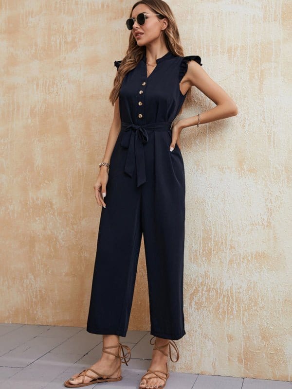 Button-Up Belted Wide-Leg Jumpsuit