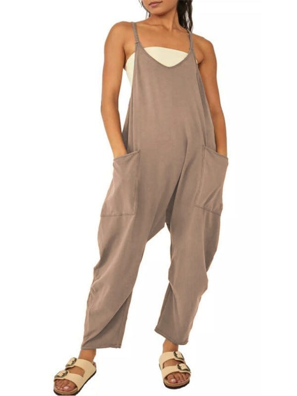 Comfy Loose-Fit Jumpsuit with Pockets Brown / S