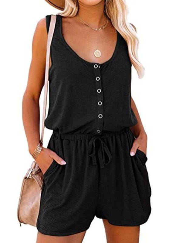 Comfy Sleeveless Wide Leg Button Up Romper Black / S