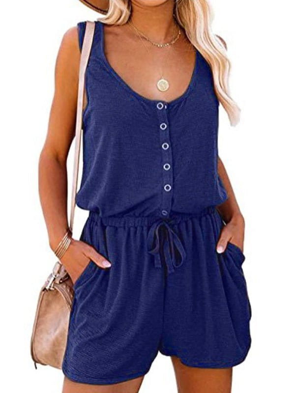 Comfy Sleeveless Wide Leg Button Up Romper Blue / S