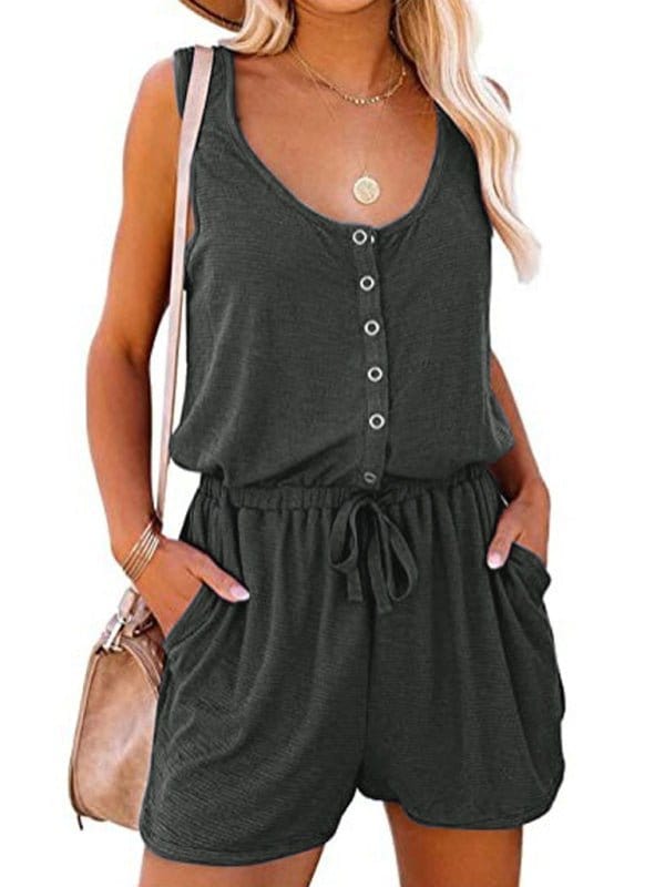 Comfy Sleeveless Wide Leg Button Up Romper Grey / S