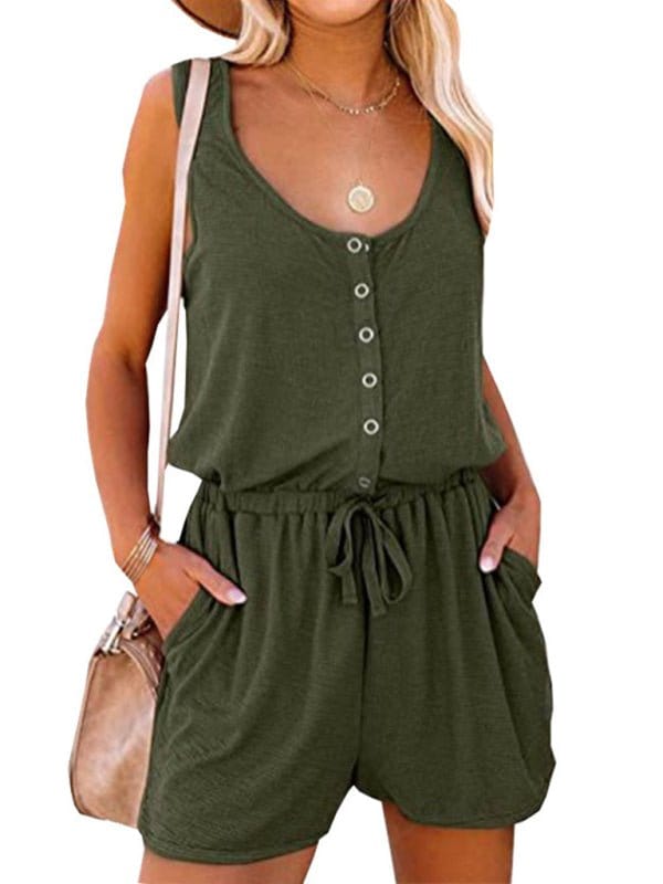 Comfy Sleeveless Wide Leg Button Up Romper Olive green / S