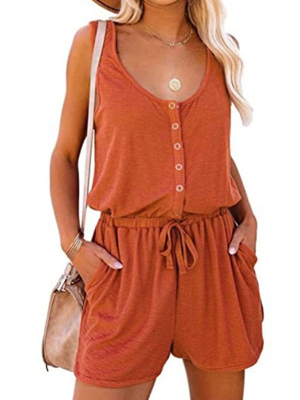 Comfy Sleeveless Wide Leg Button Up Romper Orange / S