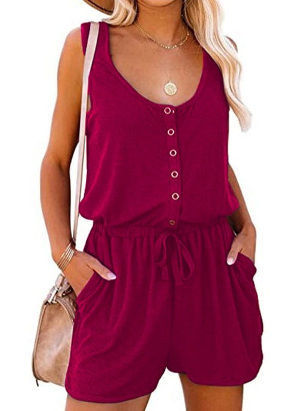 Comfy Sleeveless Wide Leg Button Up Romper Red / S