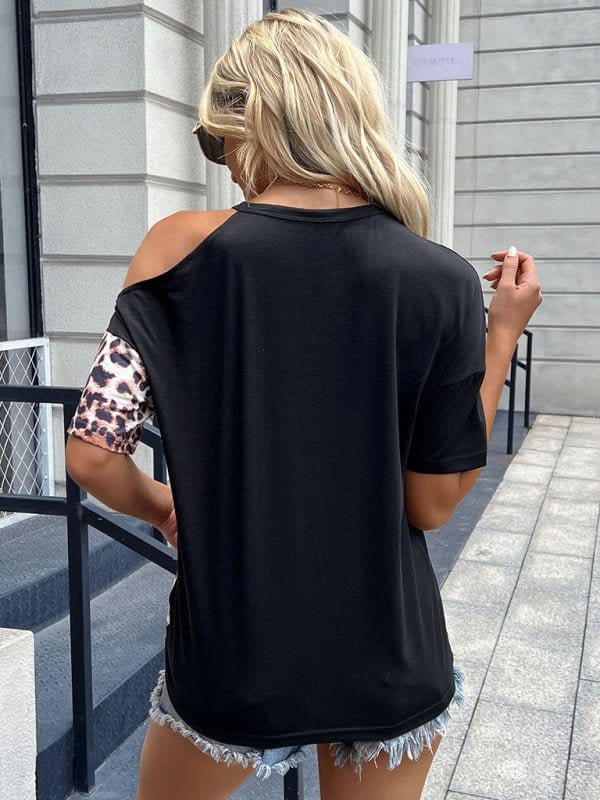 Crewneck Leopard Print Cold-shoulder Tee