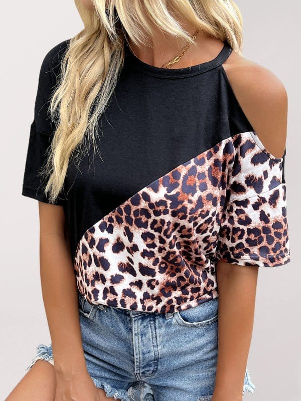 Crewneck Leopard Print Cold-shoulder Tee Black / S