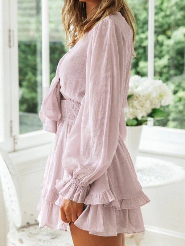 Deep V Knotted Ruffled Dress