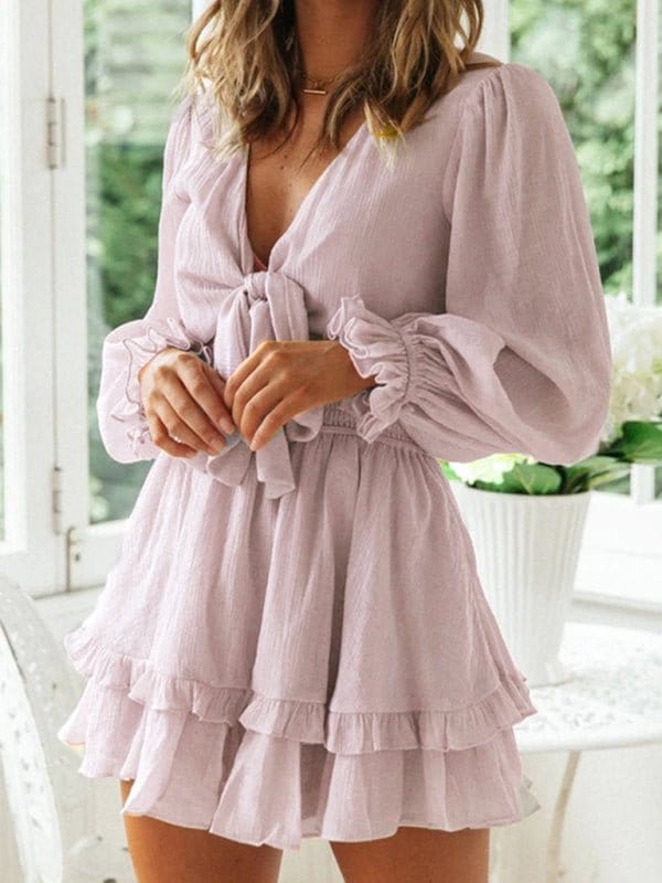 Deep V Knotted Ruffled Dress