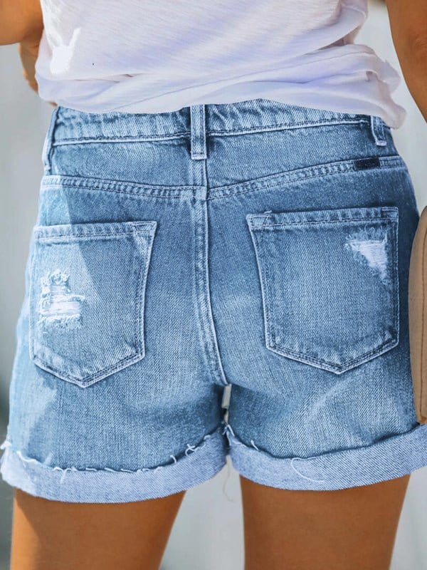 Distressed Denim Shorts with Button Fly