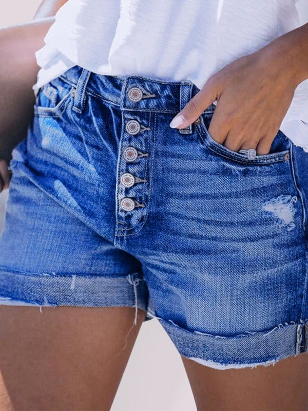 Distressed Denim Shorts with Button Fly