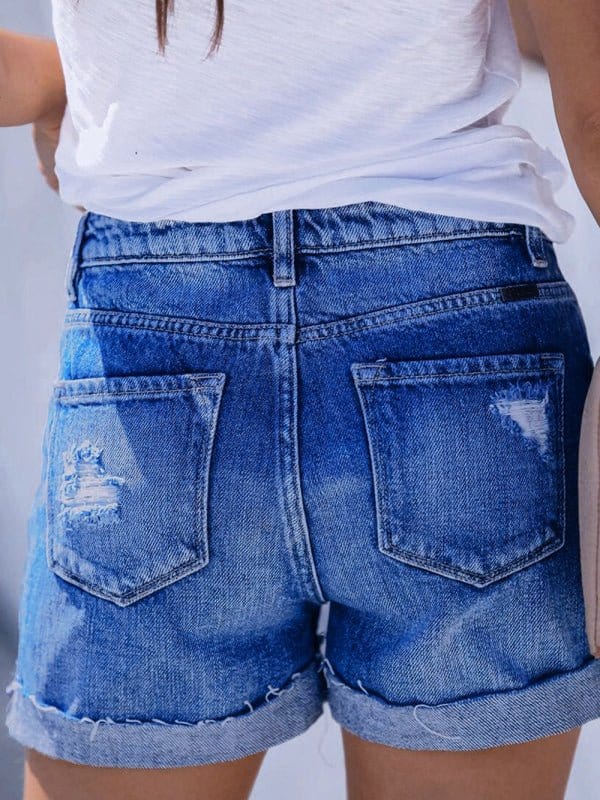 Distressed Denim Shorts with Button Fly