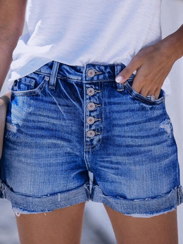 Distressed Denim Shorts with Button Fly Dark Wash / S