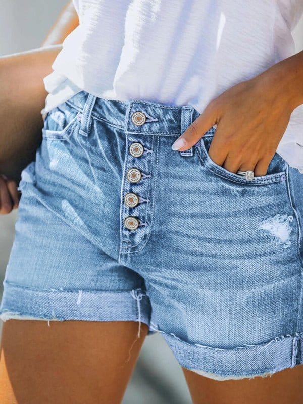 Distressed Denim Shorts with Button Fly Light Wash / S