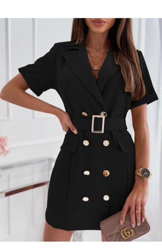 Double Button-Up Dress with Pockets and Belt Black / S