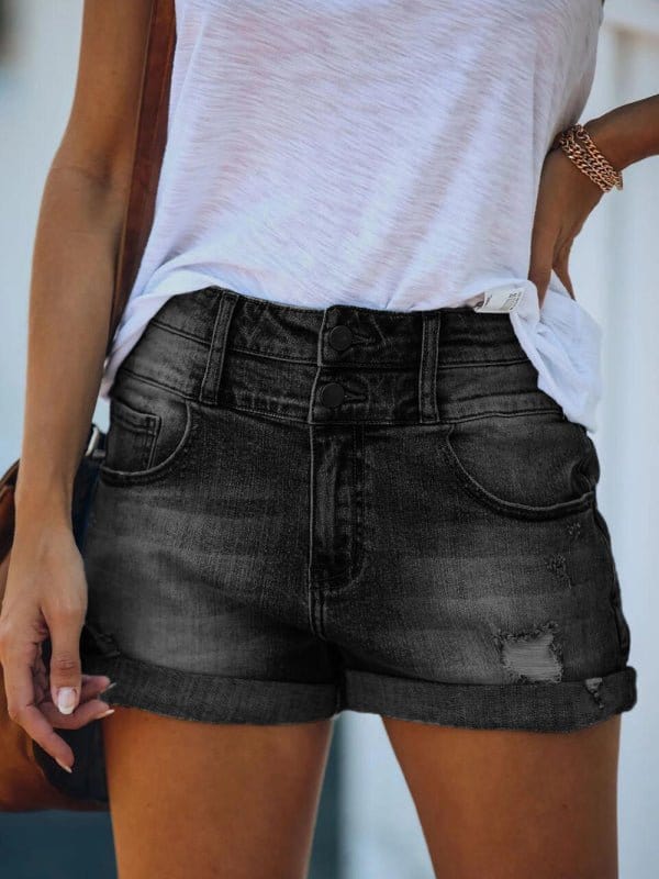 Double Buttoned Cuffed Denim Shorts Black / S