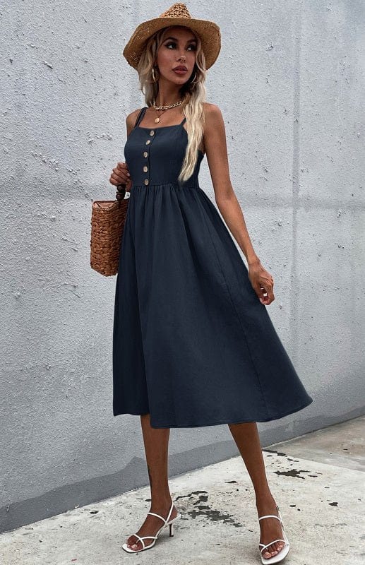 Fitted Linen Dress Navy Blue / S