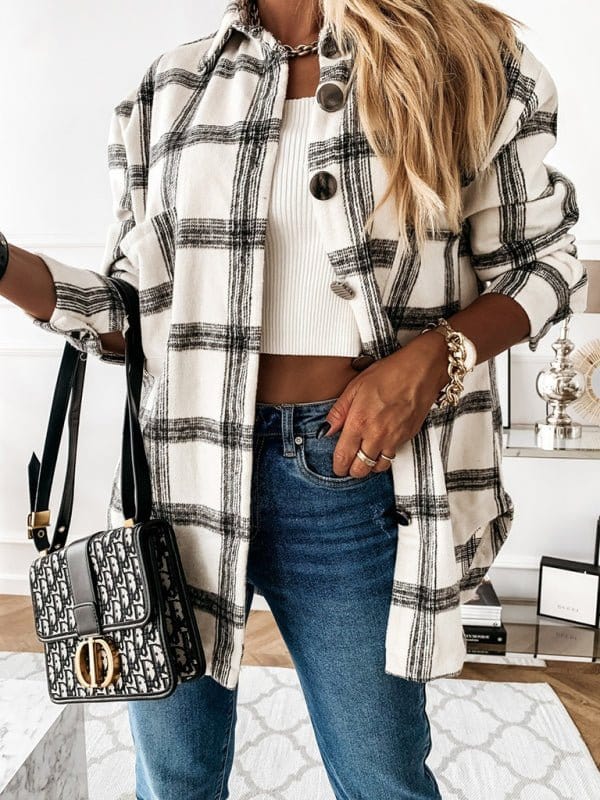 Fleece Plaid Jacket Off White and Gray / S