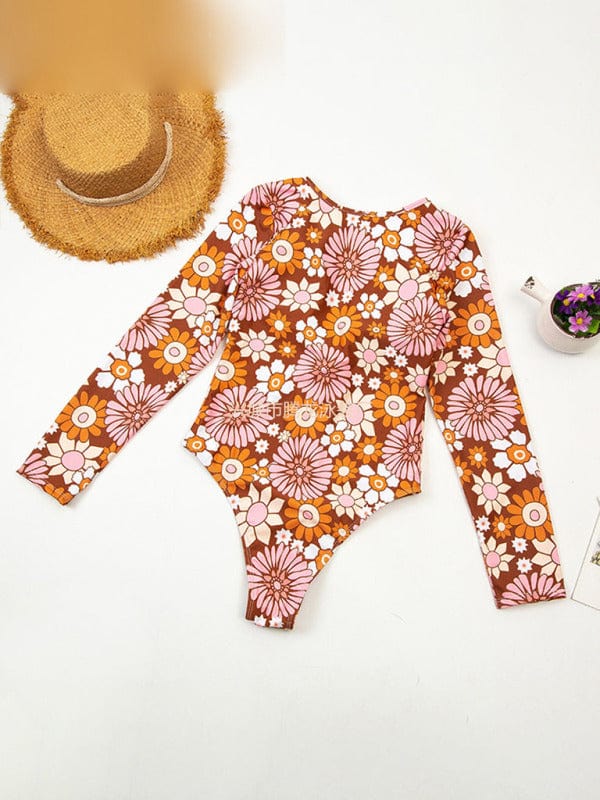 Floral Half Zipper Long Sleeve One-Piece Rashguard Swimsuit