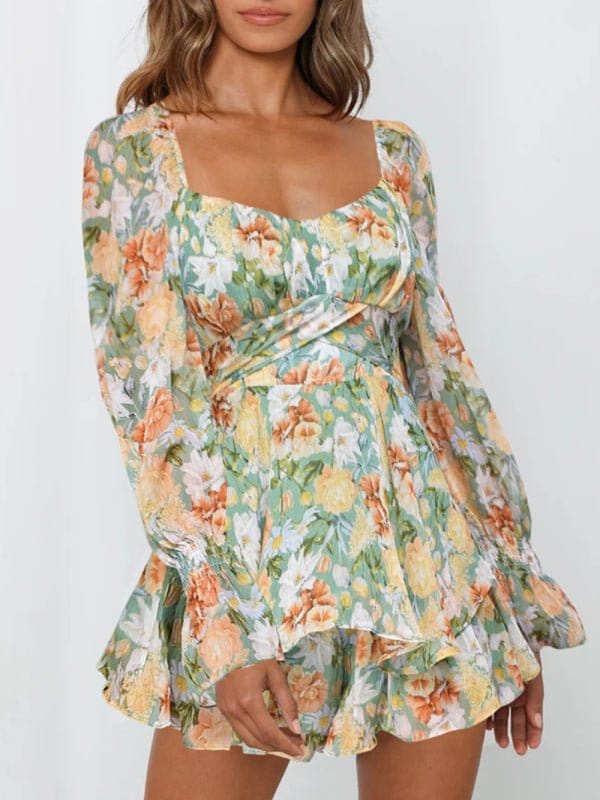 Floral Sweetheart Puff Sleeve Rompers Green / S