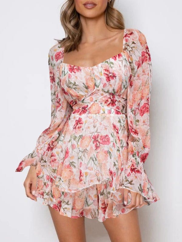 Floral Sweetheart Puff Sleeve Rompers Pink / S