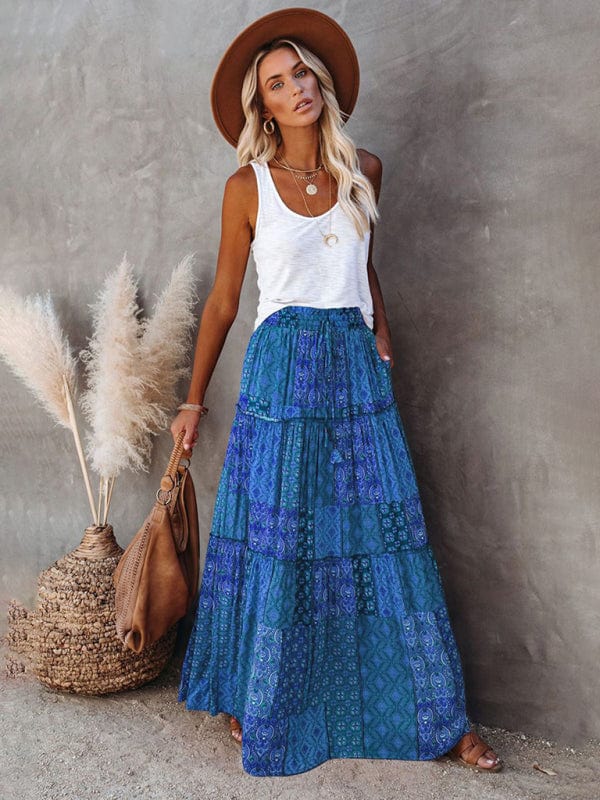 High Waisted Bohemian Skirt with Pockets Blue / S