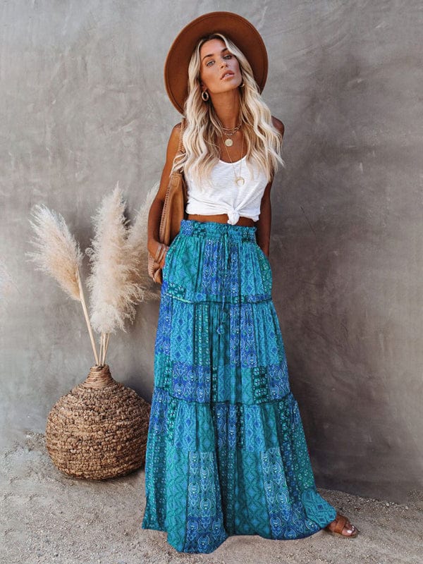 High Waisted Bohemian Skirt with Pockets Green / S