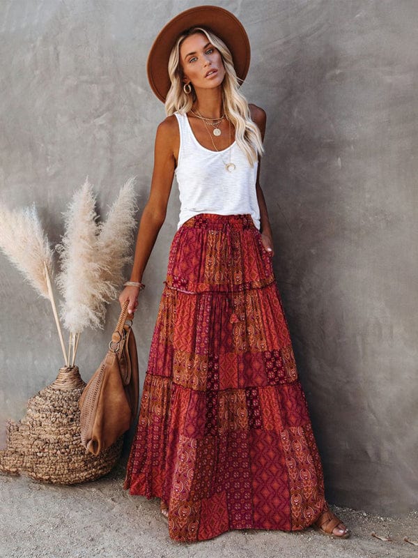 High Waisted Bohemian Skirt with Pockets Red / S