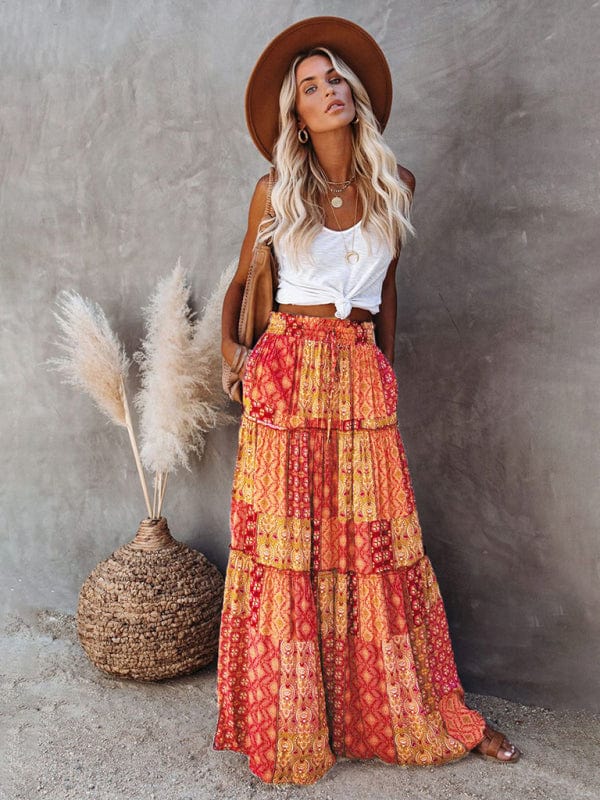 High Waisted Bohemian Skirt with Pockets Yellow / S