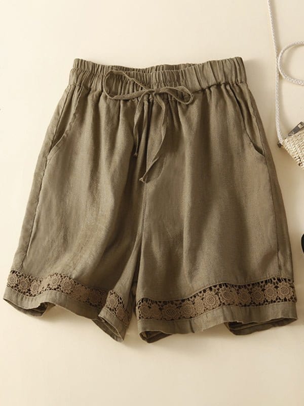 Hollow Lace Loose Shorts Olive Green / M