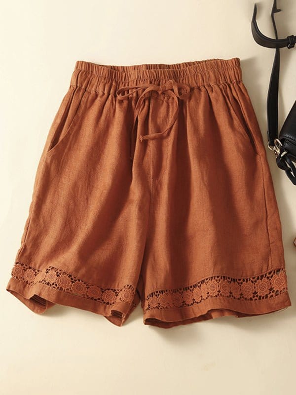 Hollow Lace Loose Shorts Orange / M