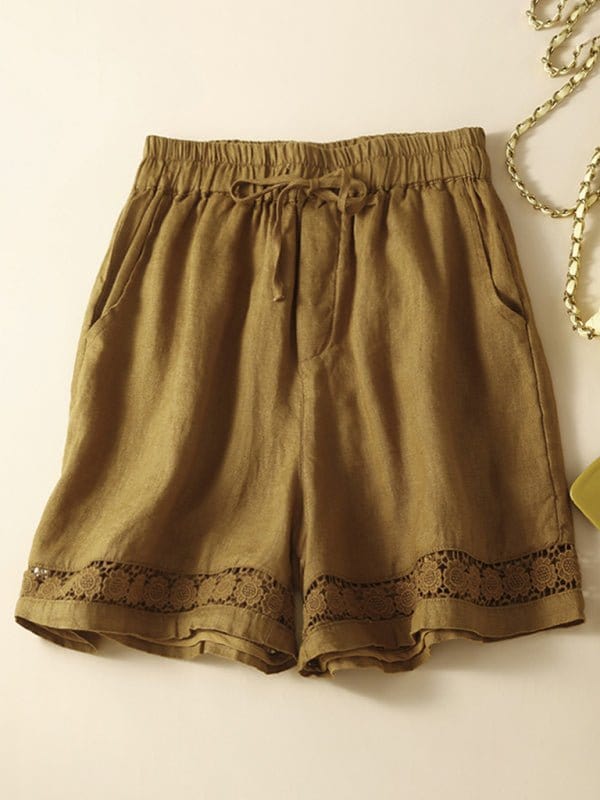 Hollow Lace Loose Shorts Yellow Green / M