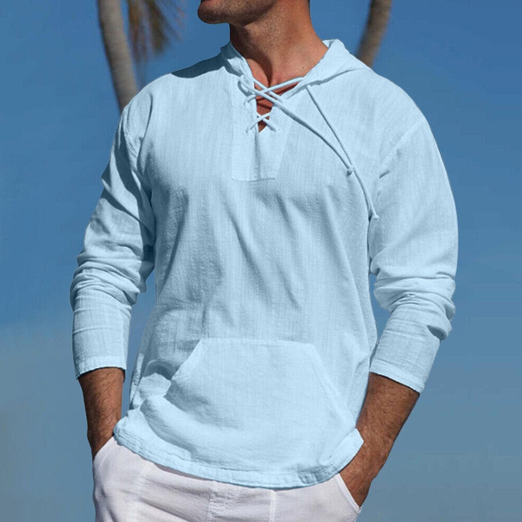 Hooded Thin Knit Top Light Blue / S