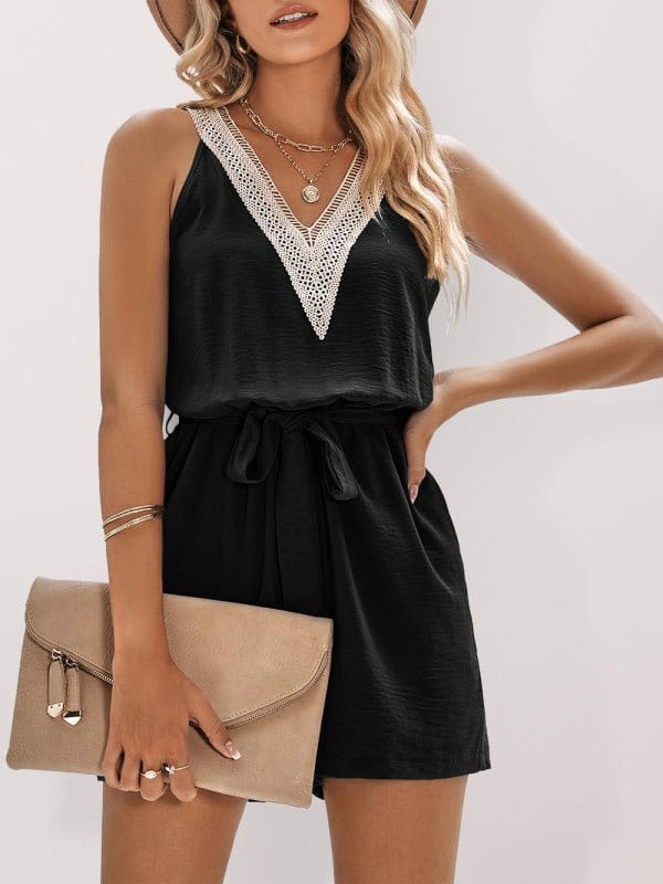 Lace Trim Waist Tie Romper Black / S