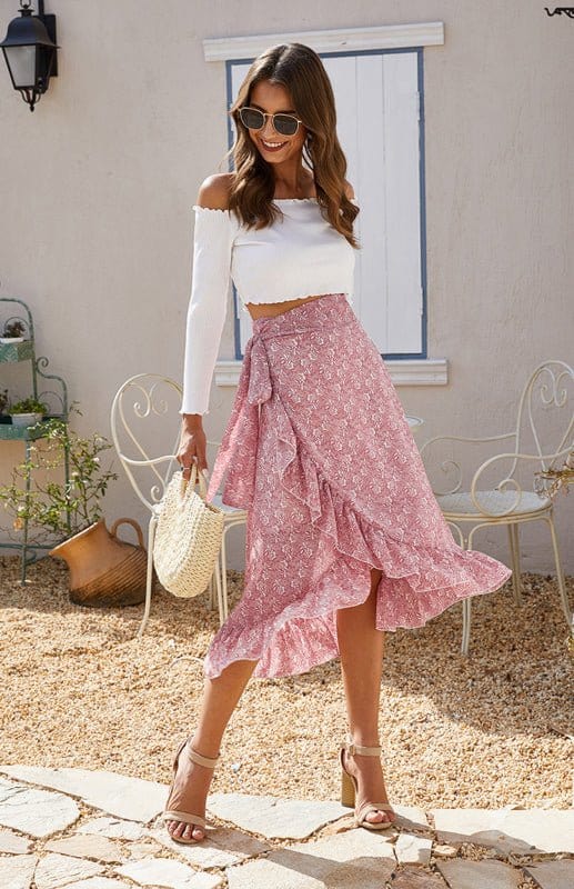 Ladies Casual Fashion Printed Irregular Skirt Pastel Pink / S