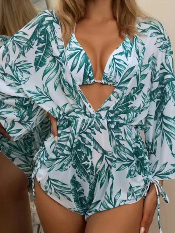 Laguna Beach Deep V-neck Three Piece Bikini Set Green / S