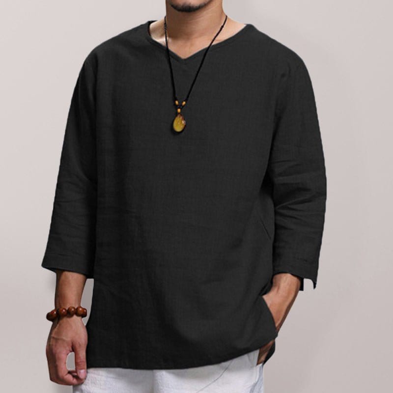 Linen 3/4 Sleeve V-Neck Shirt Black / M