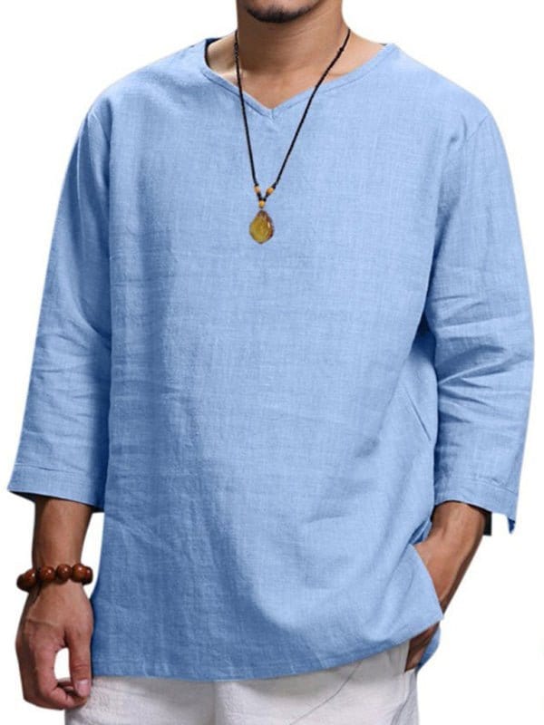 Linen 3/4 Sleeve V-Neck Shirt Blue / M