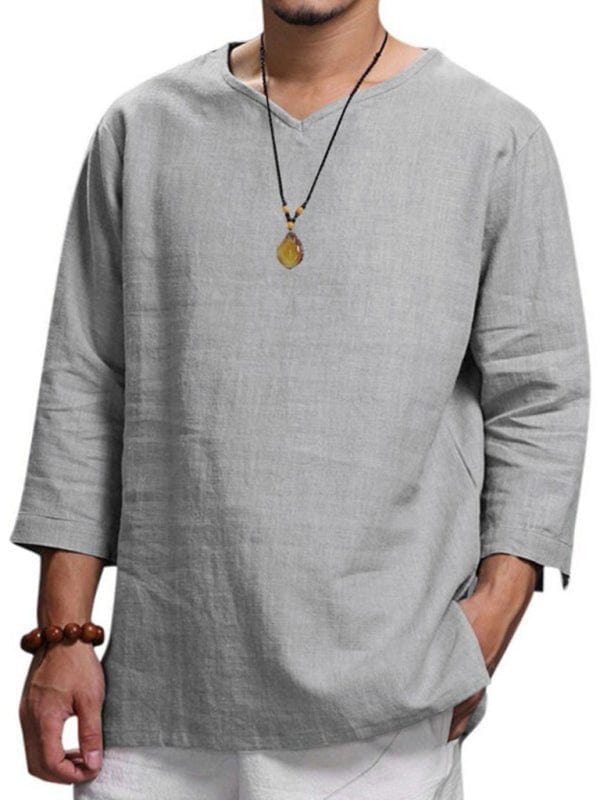 Linen 3/4 Sleeve V-Neck Shirt Grey / M