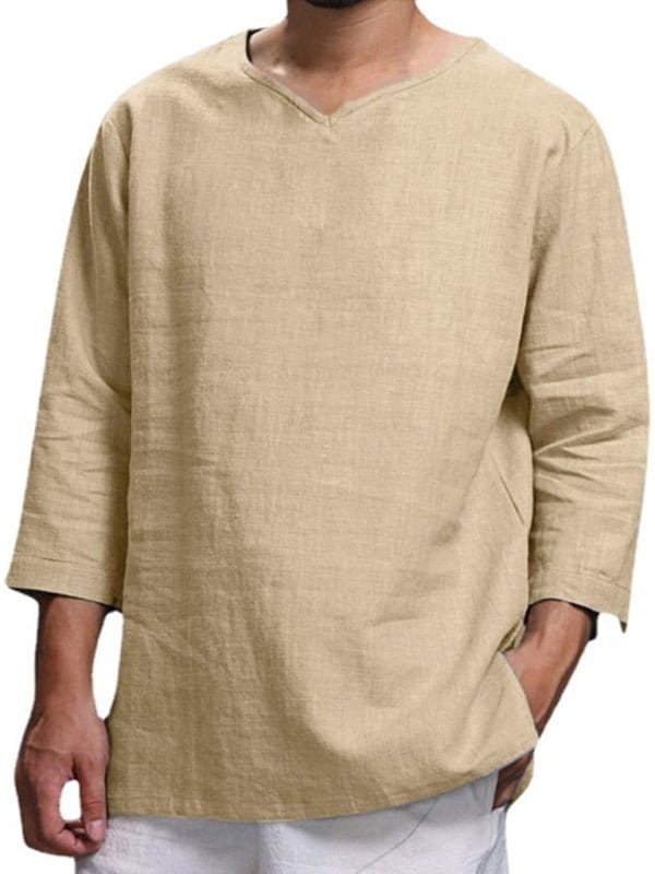 Linen 3/4 Sleeve V-Neck Shirt Khaki / M