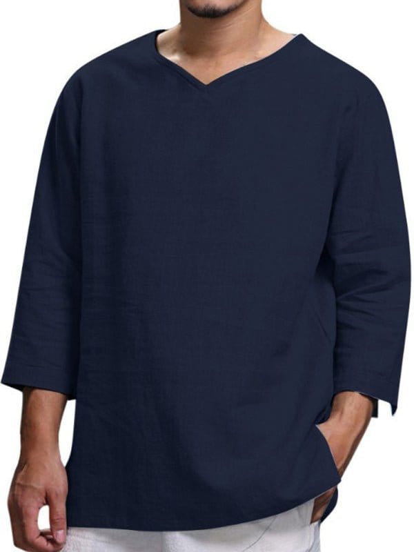 Linen 3/4 Sleeve V-Neck Shirt Navy Blue / M