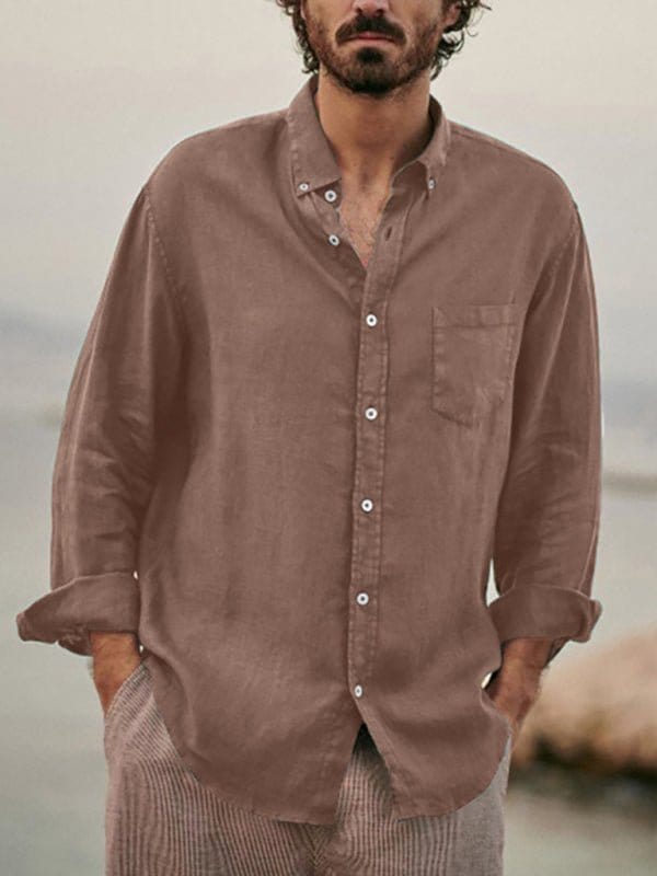 Long Sleeve Button-Up Pocket Shirt Brown / S